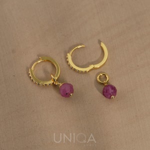 Ruby Dangle Hoop Earrings, natural stone charm hoops delicate gemstone earrings minimalist hoops Tiny charm