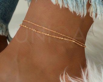 Gold Fußkettchen für Frauen, Ankle Armband Rose Gold Filled Fußkette Doppelkette Layered Fußkette Geburtstagsgeschenk Freundin Geschenk für sie