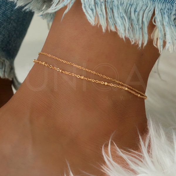 Gold anklet for women, Ankle Bracelet Rose Gold Anklet Double Chain Layered anklet Birthday Gift Girlfriend gift for her