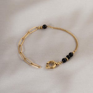 Bracelet Tourmaline Noire Fermoir Toggle Or Acier Inoxydable, Bijou Pierre Naturelle Élégant Cadeau Femme