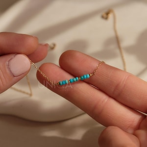 Natural Turquoise Minimal Necklace, December Birthstone Jewelry, Gold Plated Chain, Dainty Beaded Necklace