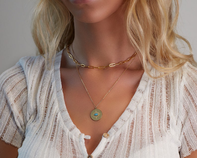 gold coin necklace minimal necklace maya necklace Bohemian Gold Necklace Evil eye turquoise coin necklace