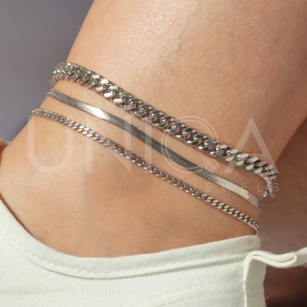 Steel chain anklets, thick chain anklet bracelet, herringbone anklet bracelet set, snake chain anklet, curb anklet