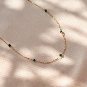 Malachite Necklace: Natural Green Gemstone, old or rose gold chain