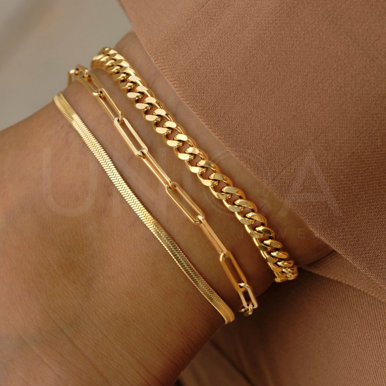 Gold Snake Anklets Bracelet, Herringbone chain Anklet, Thick Curb Chain Gold Anklet, Waterproof Anklet for Women, Paperclip chain anklet image 1