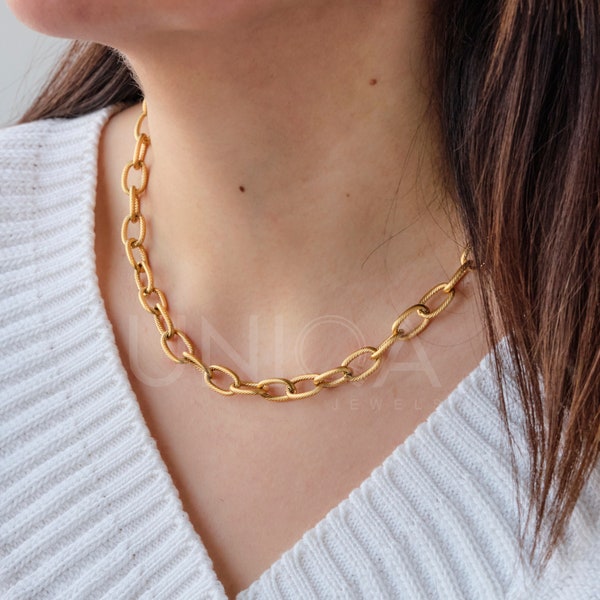 Collier chaîne à maillons en or 18 carats pour femme, collier trombone, collier étanche, collier à bascule