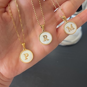 Gold Initial Necklace Stainless Steel, Mother of Pearl Pendant
