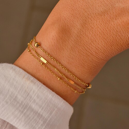 Bracelet doré femme réglable, acier inoxydable waterproof, chaîne à billes, style minimaliste superposé, fait main