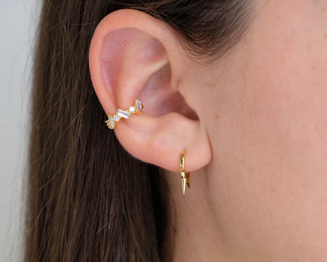 Baguette gold ear cuff Dainty cuff Conch cz ear cuff Huggie Etsy