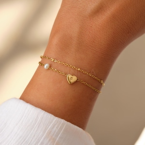 Bracelet initial de perles en or, cadeau délicat de bracelet de lettre pour elle, bracelet en or personnalisé, double chaîne, bijoux minimaux