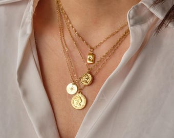 18K Gold Plated Coin Pendant Necklace – Minimalist Layering Chain, Vintage Style Jewelry