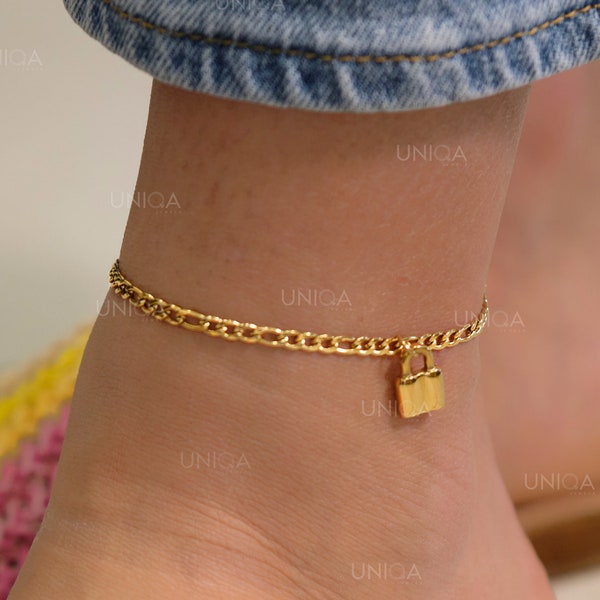 Lock anklet bracelet, Figaro chain anklet, Lock charm gold chain anklet, figaro chain anklet