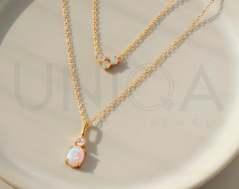 Set of 2 Opal Necklaces for women, Gold Dainty Layered Necklace Set, Opal Jewelry, October Birthstone necklace, Gift for her, Birthday Gift