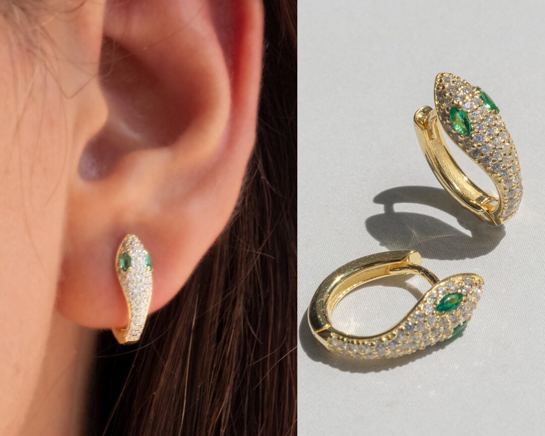 Snake Earrings With Green Stones in Color Gold and Silver Etsy