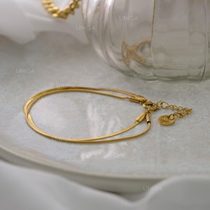 18K Gold Snake armband, visgraat kettingarmband, sierlijke gouden armband, platte kettingarmband, stapelarmband, cadeau voor haar afbeelding 6