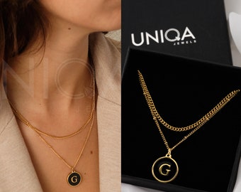 initial set necklace, Gold black Enamel Initial Charm, Medal Letter cahrm, gift set 2 necklaces