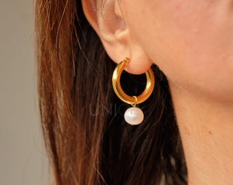 Orecchini A Cerchio Con Perla D'Acqua Dolce - Acciaio Inox Placcato Oro 18K - Perla Rimovibile, 3,5 Cm