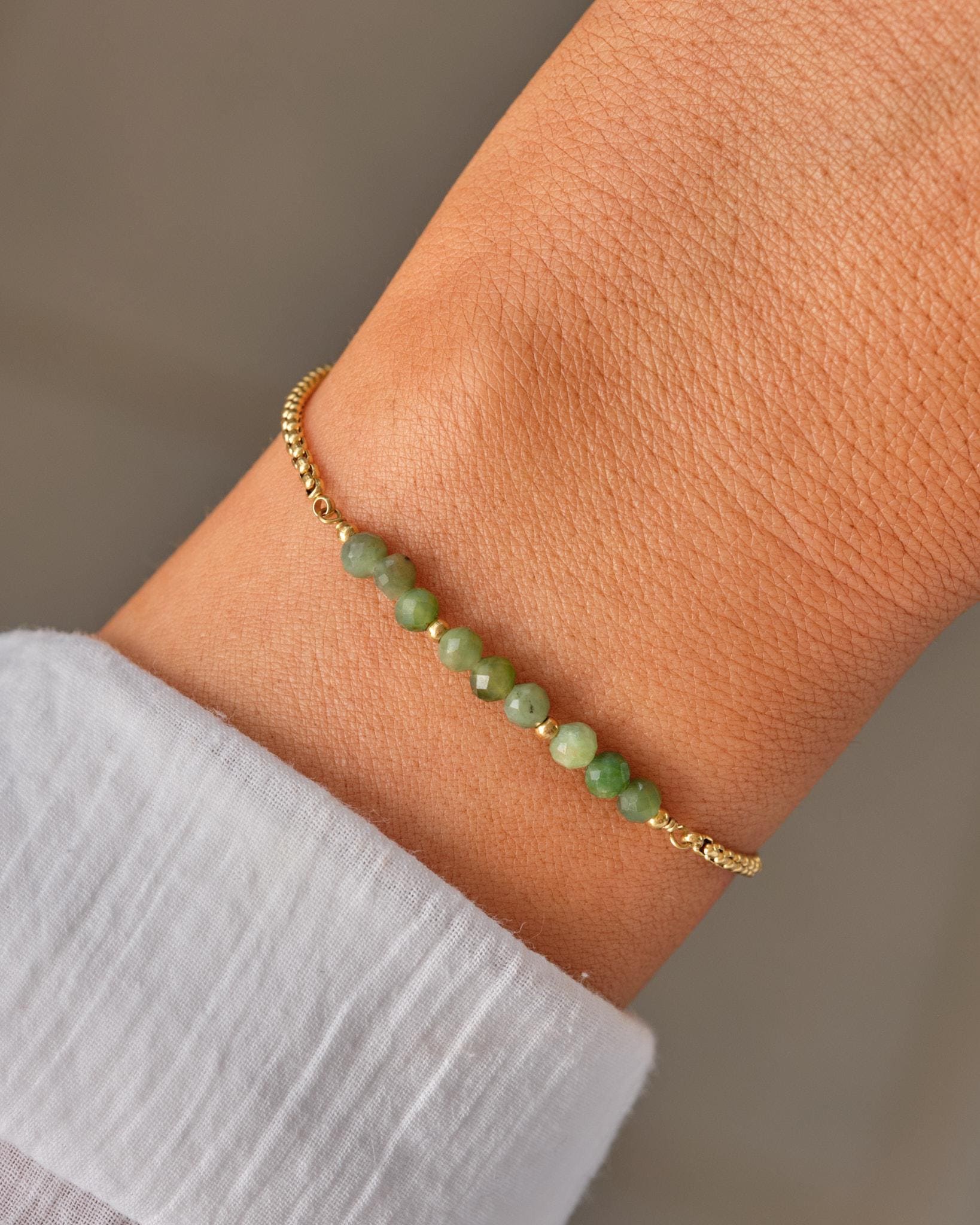 Green Jade Chain Bracelet Gold Stainless Steel, Natural Gemstone