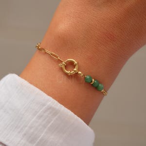 Jade bracelet gold, green gemstone bracelet, round clasp design, dainty stacking gift for her, minimal jewelry with charm