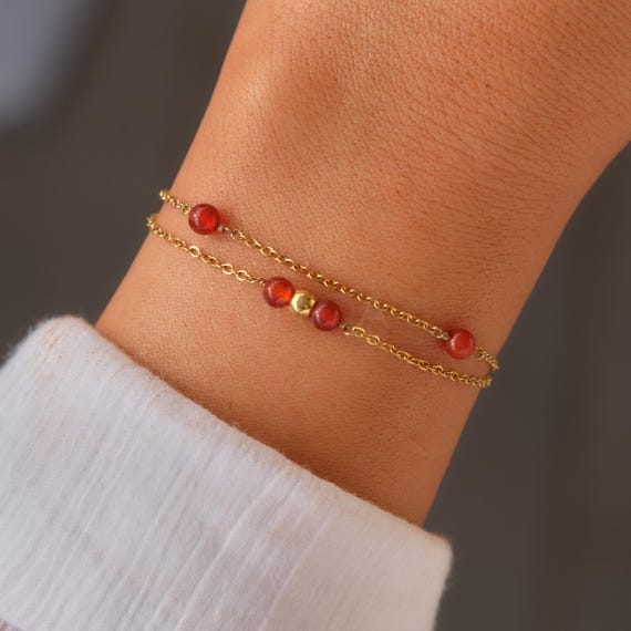 Dainty Carnelian Bracelet: Double Chain Gold, July Birthstone