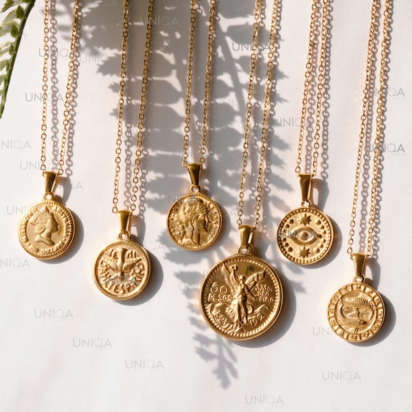 Statement Gold Coin Necklace, Ancient Coin Charm Necklace, Layering Necklace, Gift For Her, Gift for Mom, handmade gift