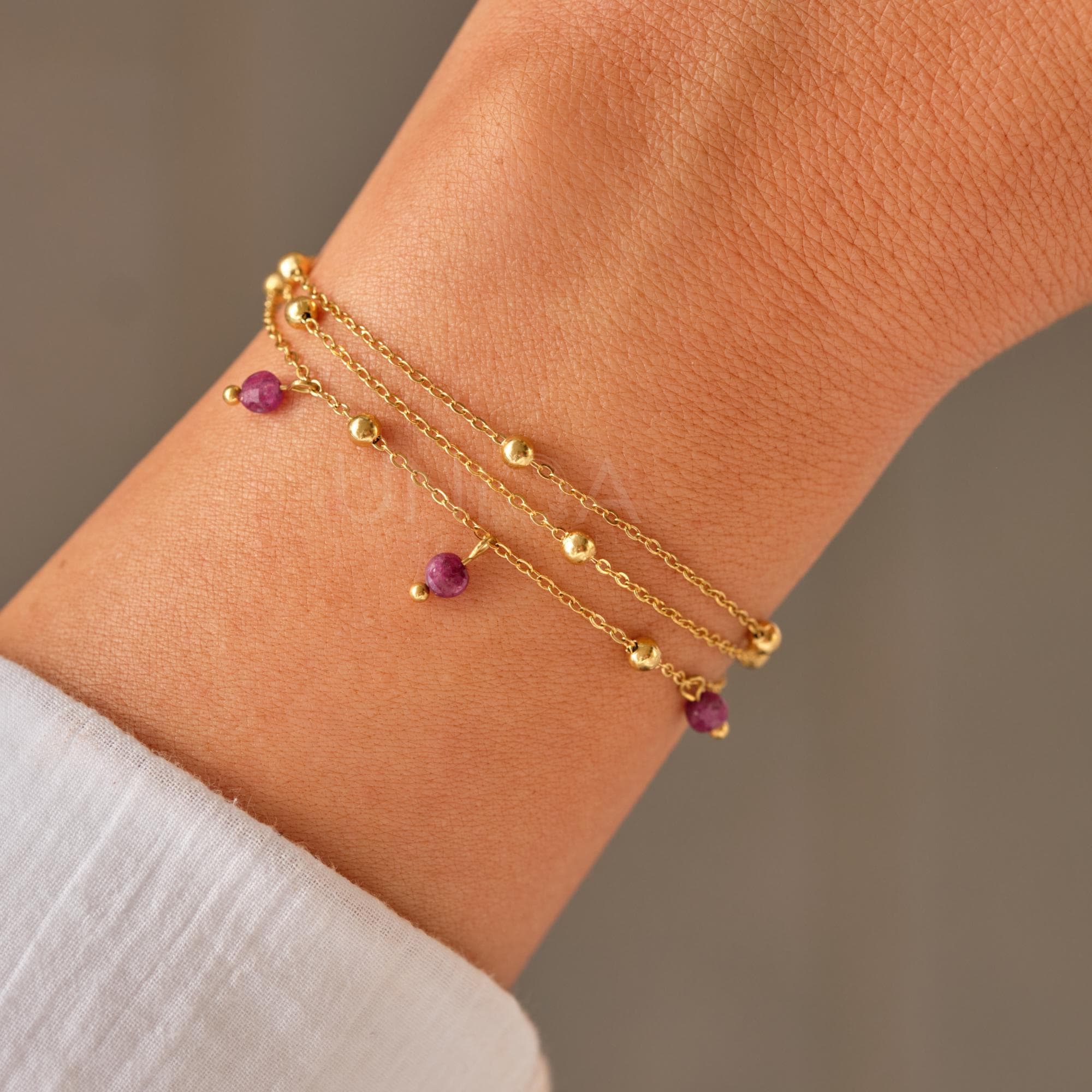 Natural Ruby Bracelet, Gold Beaded Triple Chain, Handmade Gemstone Jewelry, Gift for Her, July Birthstone, Adjustable, Dainty Bracelet