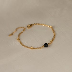 Black tourmaline bracelet, dainty gold double chain, minimal gemstone jewelry, protective gift for her, black stone bracelet
