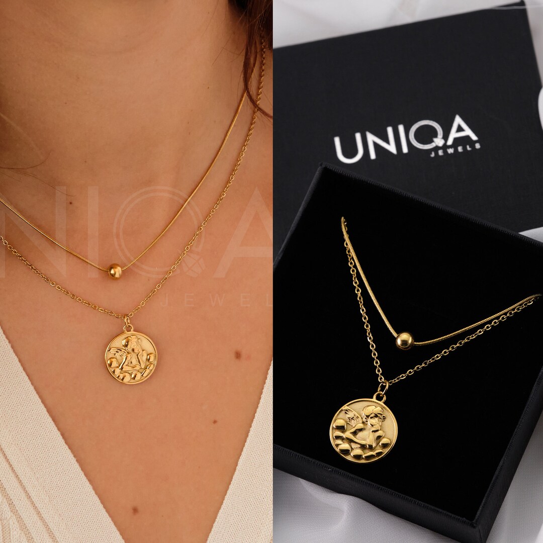 Gold Angel Coin Necklace Layered Set Angel Medallion Etsy UK