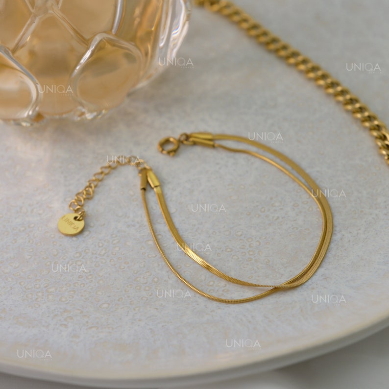 18K Gold Snake armband, visgraat kettingarmband, sierlijke gouden armband, platte kettingarmband, stapelarmband, cadeau voor haar afbeelding 3