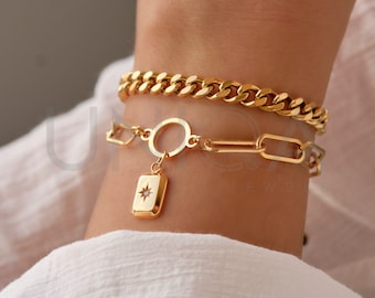 Ensemble de bracelets à maillons en or, lot de 2 bracelets superposés, bracelet trombone avec pendentif étoile, bracelet gourmette en or, ensemble cadeau