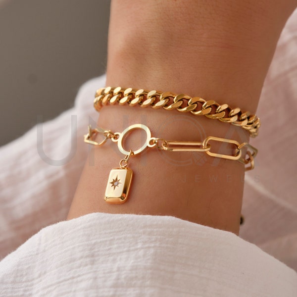 Conjunto de pulseras de cadena de eslabones Gold Set, conjunto de 2 pulseras de pila, pulsera de clip con colgante de estrella, pulsera de cadena de bordillo de oro, conjunto de regalo