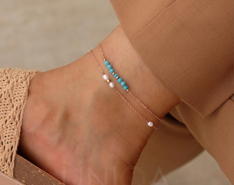 Rose Gold anklets waterproof chain ankle bracelet with gemstones or freshwater Pearls, handmade anklets
