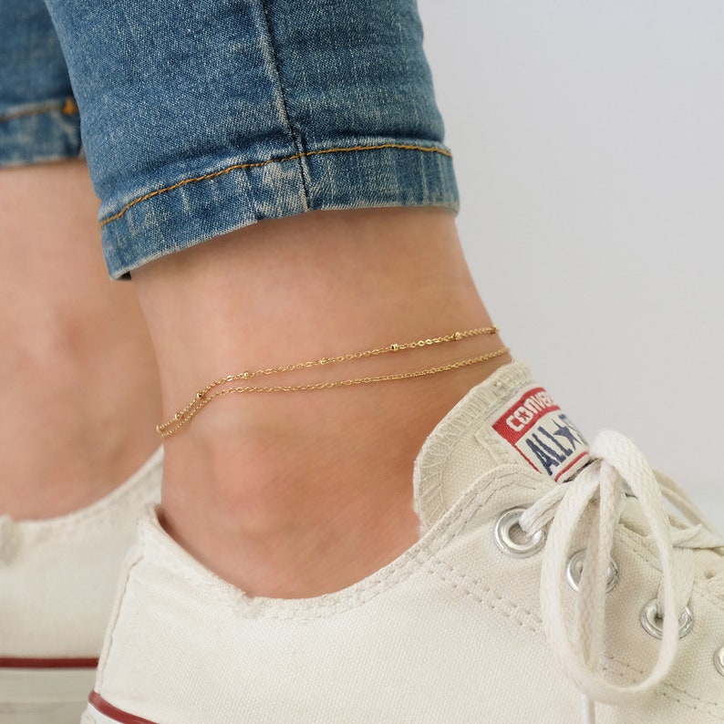 18K Gold Filled Layered, non tarnish jewelry, rose ankle double chain anklet, multi standard,stainless steel ankle bracelet, summer jewelry 