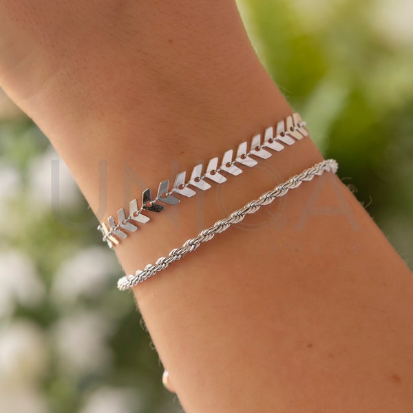 Bracelet corde en argent | Chaîne cordée en acier inoxydable | chaîne italienne | Bracelet chevron | Cadeau pour elle