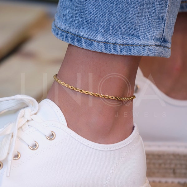 Chaîne de cheville en corde dorée, bracelet de cheville délicat pour femme, cadeau d'anniversaire personnalisé pour femme