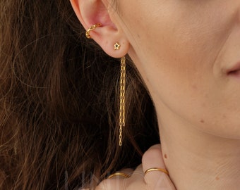 Gold Star stud Dangle Earrings: Sterling Silver Onyx Chain Threaders