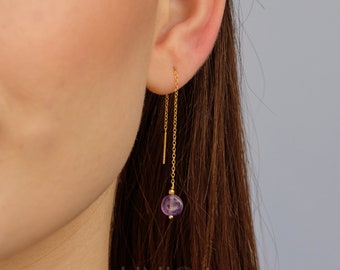 Amethyst threader Earrings, Purple Gemstone drop Earrings, February Birthstone boho Earrings, girlfriend gifts