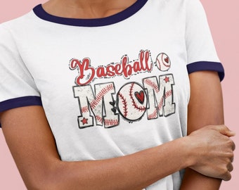 Personalized Mother's Day Cotton Ringer T-Shirt with Baseball Mom Graphic - Custom Name Option