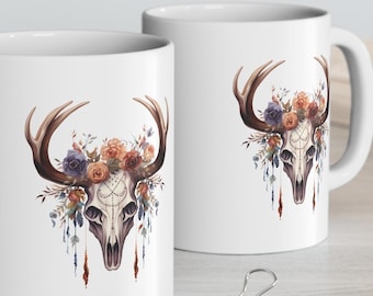 Wildlife and Botanical Art Ceramic Mugs - Deer Skull Surrounded by Flowers - Available in 11oz or 15oz - Get a Set of 4 for 15% Off