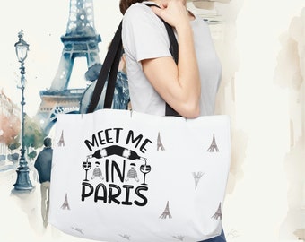 Stylish Weekender Bag with 'Meet me in Paris' Quote - Ideal for Light Travel - 100% Spun Polyester