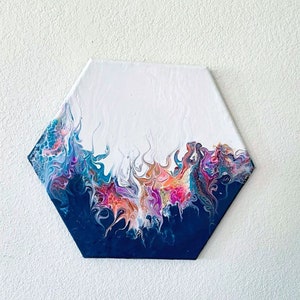 Abstract Painting. Fun and Whimsical Flower Garden Acrylic Pour Art - 16 inch Hexagon Canvas - Fluid Painting Masterpiece