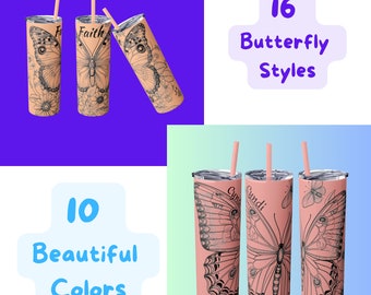 Customized Butterfly Skinny Tumbler with Straw - Personalize Your Perfect 20oz Travel Mug