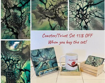 Abstract  Acrylic Pour Ceramic Coaster/Trivet Set with Coaster holder