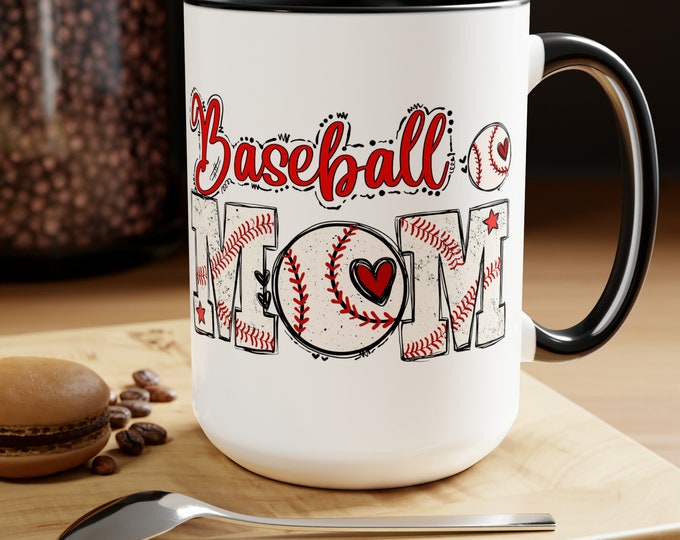 Featured listing image: Sporty Mom Gift Idea: Baseball Mom Two-Toned Coffee Mug with Name Option