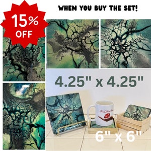 Coaster Set.  Abstract Acrylic Pour Ceramic Coaster Set | Green Camo Colors | Personalized Gift for Home Decor