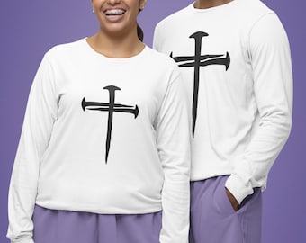 Religious Fashion Statement: Stylish Long Sleeve T-shirt Featuring a Cross and Inspiring Bible Verse