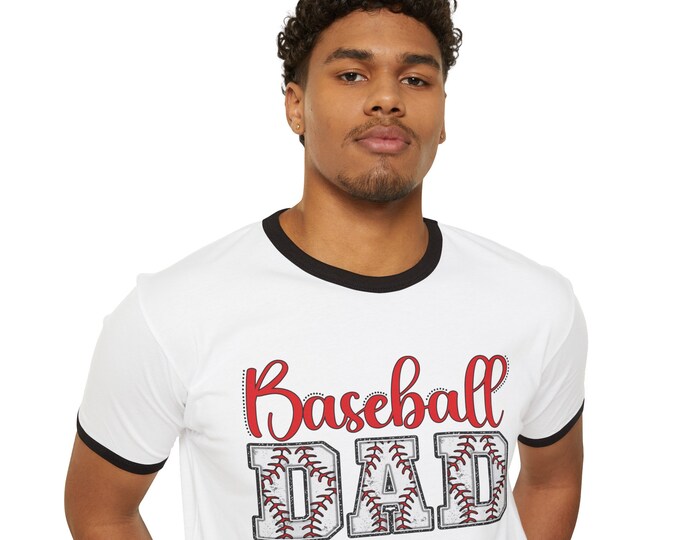 Featured listing image: Personalized Father's Day Cotton Ringer T-Shirt with Baseball Dad Graphic - Custom Name Option