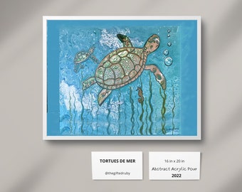 Pour Painting, Acrylic Pour, Acrylic Art, Sea Turtle Painting, "Tortues De Mer," 20x16 in, Acrylic Pour Embellished with Original Art