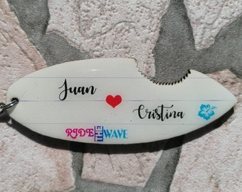 Custom surfboard keychain, wooden surfboard keychain, custom keychain for surfers, surf keychain with names