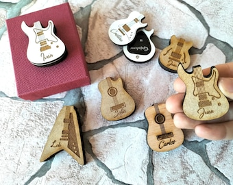 Personalized Wooden Guitar Pick Storage Box, Electric or Electroacoustic Guitar Shaped Box, Gift for Guitarist